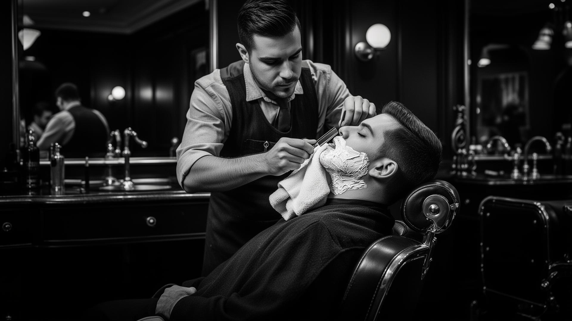 Barbier Virtus en train de réaliser un rasage à la serviette chaude